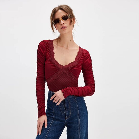 NWT New Free People Forever Young Dark Red Wine Bodysuit Size M - Picture 2 of 9
